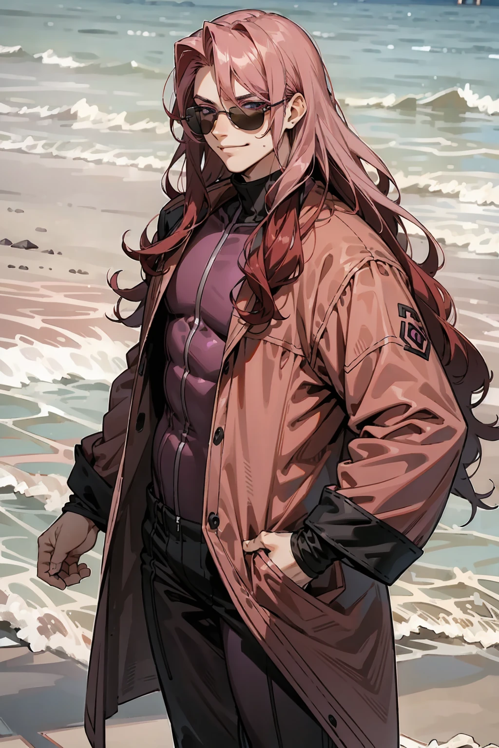 1male, Young Adult, Dark Red Hair, Light Pink Hair, ,Muscular, Curly Hair, Long Hair, Two Toned Hair, Sunglasses, Magenta Colored Eyes, Smirk, Standing On Beach, Red Skin Suit, Purple Coat