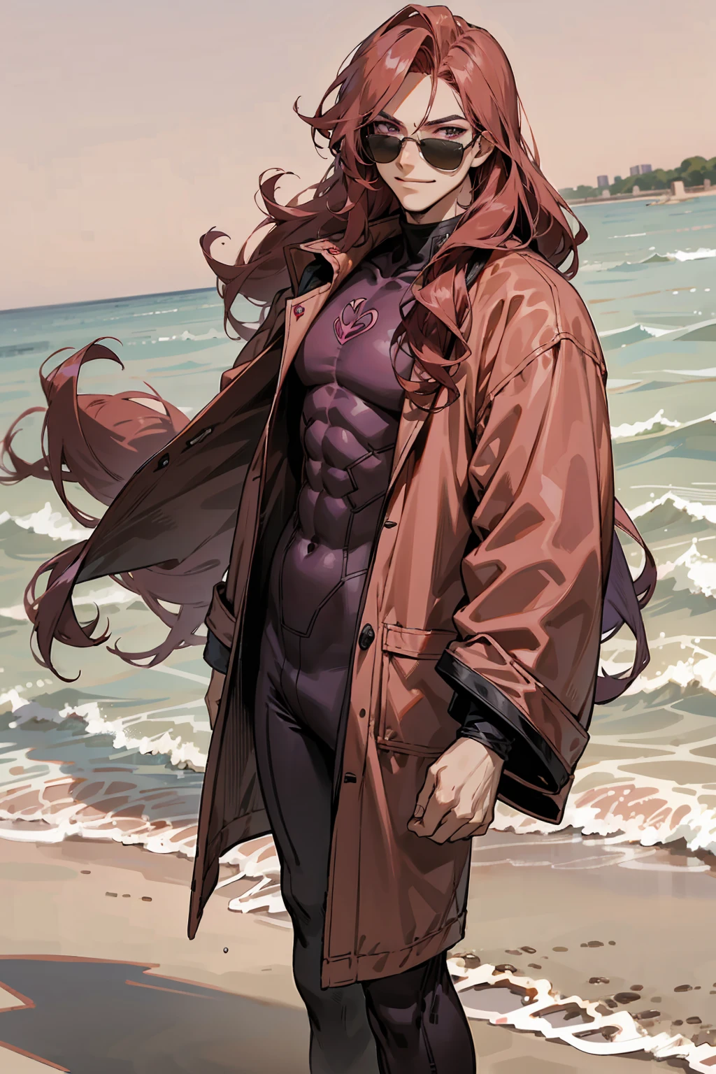 1male, Young Adult, Dark Red Hair, Light Pink Hair, ,Muscular, Curly Hair, Long Hair, Two Toned Hair, Sunglasses, Magenta Colored Eyes, Smirk, Standing On Beach, Red Skin Suit, Purple Coat