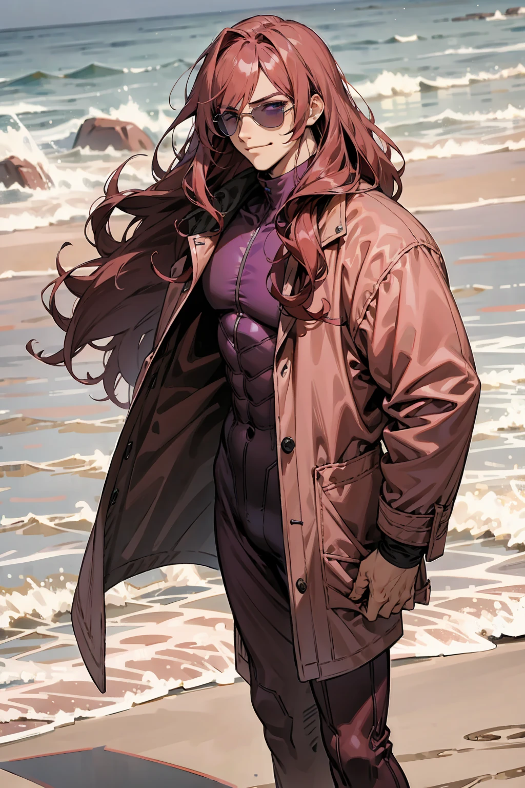 1male, Young Adult, Dark Red Hair, Light Pink Hair, ,Muscular, Curly Hair, Long Hair, Two Toned Hair, Sunglasses, Magenta Colored Eyes, Smirk, Standing On Beach, Red Skin Suit, Purple Coat