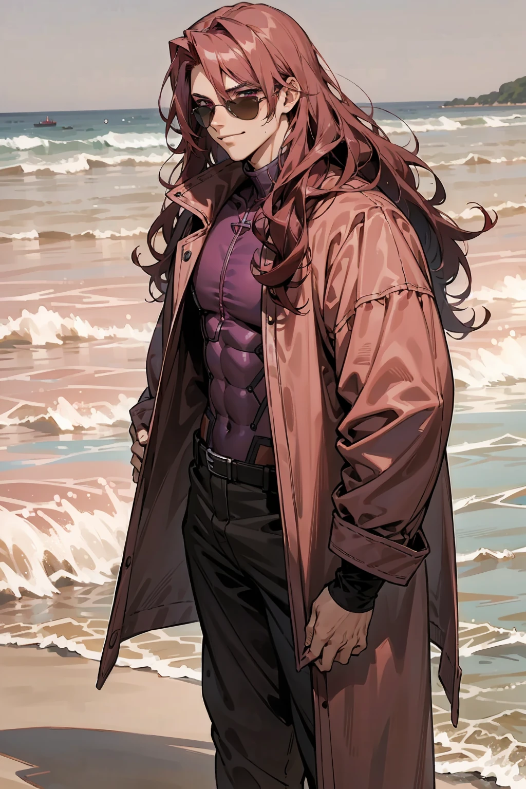 1male, Young Adult, Dark Red Hair, Light Pink Hair, ,Muscular, Curly Hair, Long Hair, Two Toned Hair, Sunglasses, Magenta Colored Eyes, Smirk, Standing On Beach, Red Skin Suit, Purple Coat