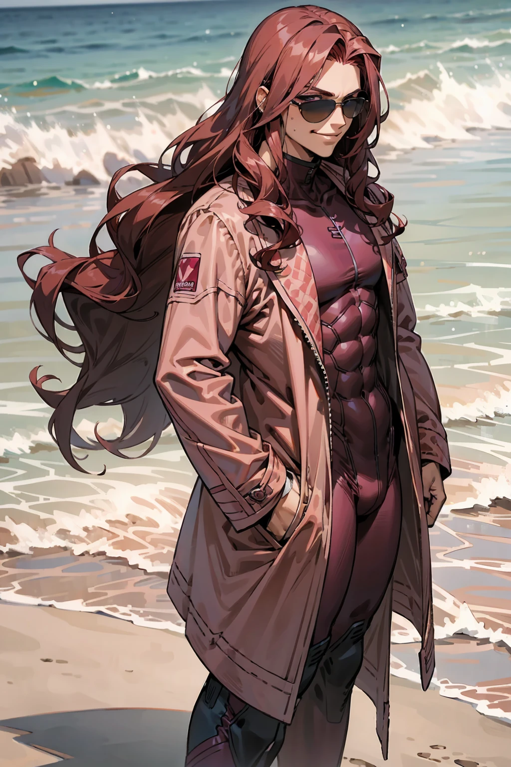 1male, Young Adult, Dark Red Hair, Light Pink Hair, ,Muscular, Curly Hair, Long Hair, Two Toned Hair, Sunglasses, Magenta Colored Eyes, Smirk, Standing On Beach, Red Skin Suit, Purple Coat