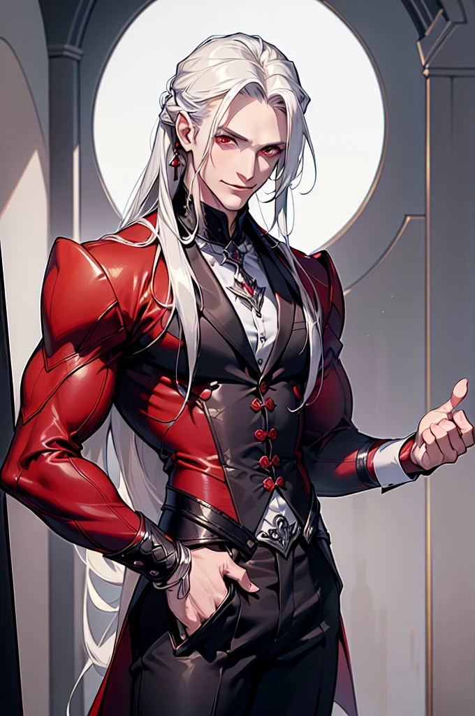 ((masterpiece:1.2, best quality, ultra detailed, absurdres, perfect anatomy, perfect hands)), (((1 man))), long silver hair, red eyes, paleskin, white shirt, black pants, creepy smile,