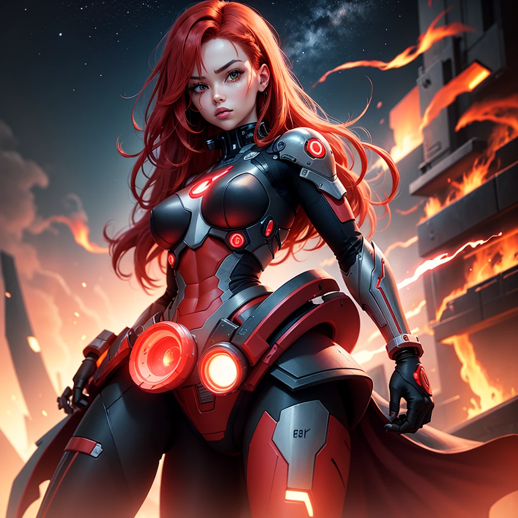 Cyborg girl Android red hair beautiful sexy big hips stands straight without bending look down her hands behind her hands are not visible camera angle from below shooting from bottom to top flat horizon photo background cosmic red flashes of red color