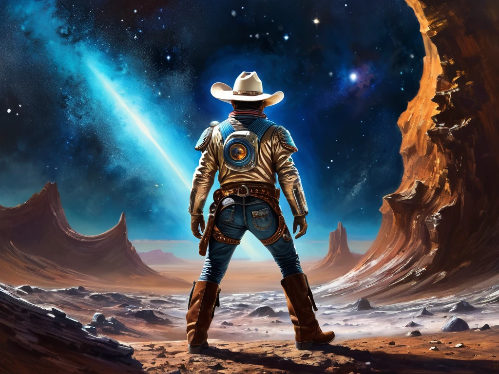 A rugged space man, standing on a comet, in a dramatic pose, like riding the comet, in the midst of an intergalactic rodeo. His weathered leather chaps and while his worn cowboy hat and boots shades his determined profile. This vivid scene is depicted in a stunning digital painting, capturing every detail with striking realism. The space cowboy's steely gaze and confident posture convey a sense of adventure and frontier spirit, drawing viewers into the thrilling world of cosmic exploration and daring feats.