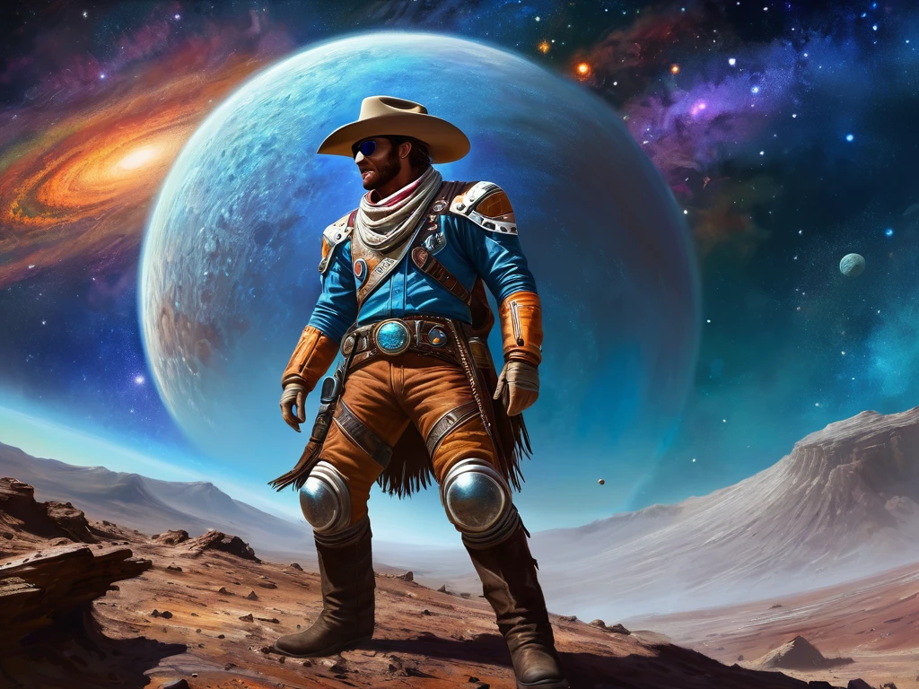 A rugged space man, standing on a comet, in a dramatic pose, like riding the comet, in the midst of an intergalactic rodeo. His weathered leather chaps and while his worn cowboy hat and boots shades his determined profile. This vivid scene is depicted in a stunning digital painting, capturing every detail with striking realism. The space cowboy's steely gaze and confident posture convey a sense of adventure and frontier spirit, drawing viewers into the thrilling world of cosmic exploration and daring feats.