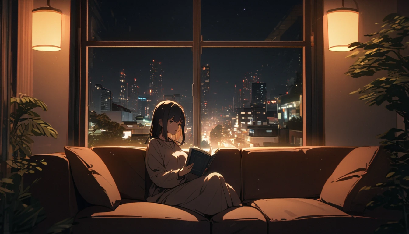 Girl sitting on sofa reading a book,In front of a large window,Night view,Streetscape、8K、Woman seen from outside