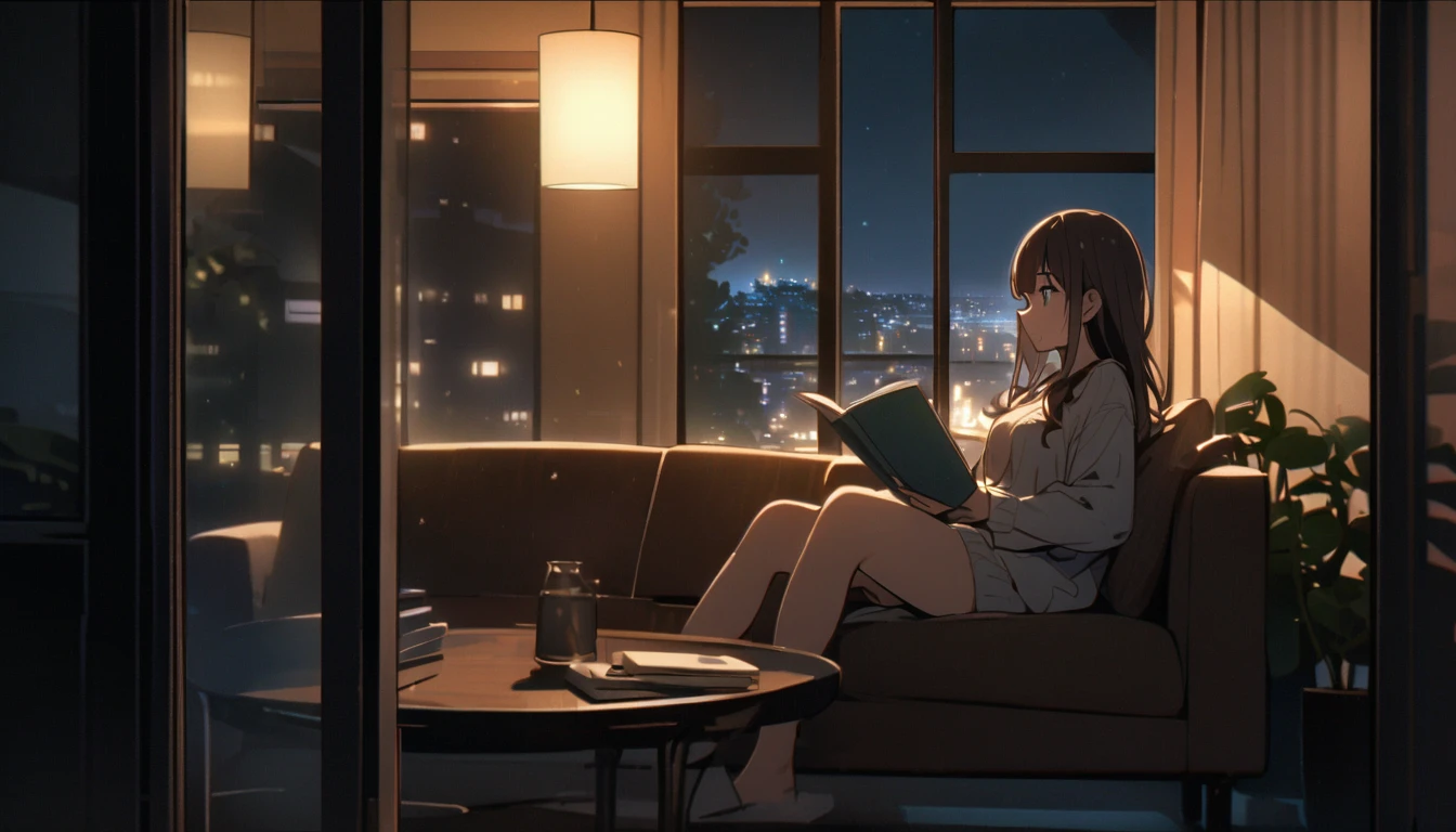 Girl sitting on sofa reading a book,In front of a large window,Night view,Streetscape、８K、Woman seen from outside