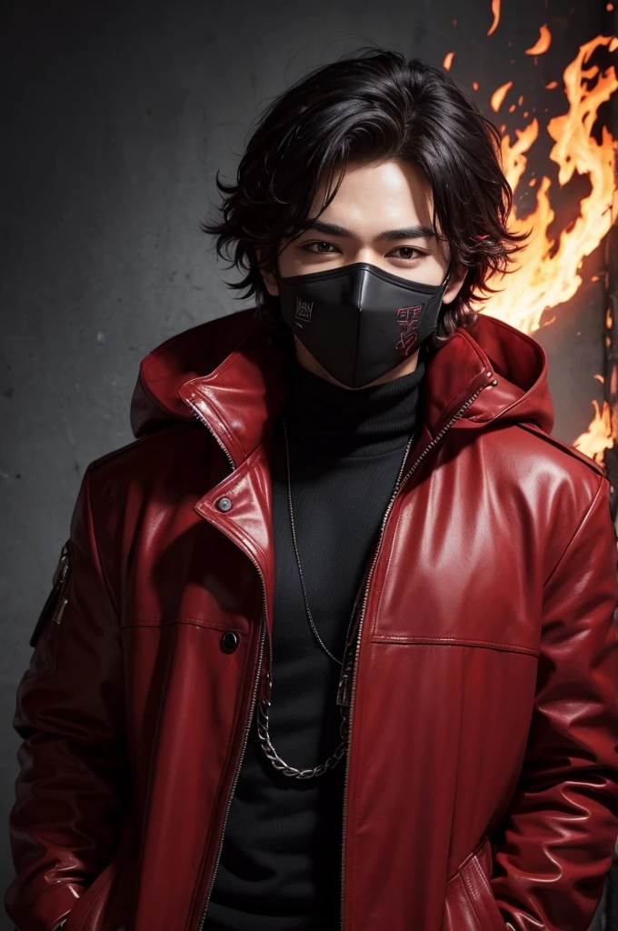 I want a male character who has messy hair, a black mask and a flaming red outfit with a red coat on the back