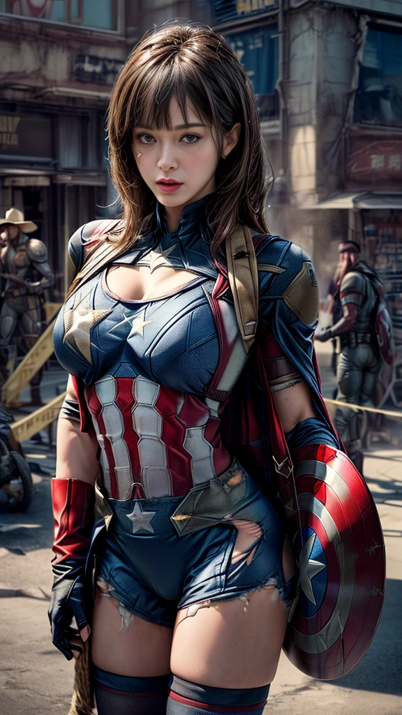 smile、(Browsing Caution:1.7)、((Cowboy Shot))、Mature Woman、(masterpiece, Highest quality), Intricate details, 8K, 1 Girl,((Blunt bangs))、Black Hair,((captain america suit)),Skyscraper, city, building,street,((Delicate painting)),(Detailed RAW photos of girls),(Highest quality:1.6), (Ultra-high resolution:1.5), (Realistic:1.75), 8K resolution,Very detailed,Cinema Lighting、(((Super big breasts:1.2)))、Spread your legs、((The abdomen is visible))、((another々Suit))、((Captain America Knee High Socks))、Sexy pose、((Captain America Bikini Style))、(((A ripped and tattered suit:1.2)))、((After the battle))
