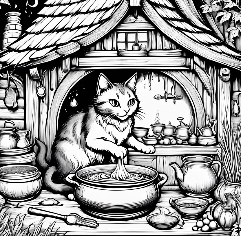 Witch cat makes soup in witch hut, Making medicines, Wizard casting a spell, Full page illustration, Macbeth illustration, Highly detailed ink illustrations、Coloring book illustration、Line art、Black and White、Monochrome、Outline Image