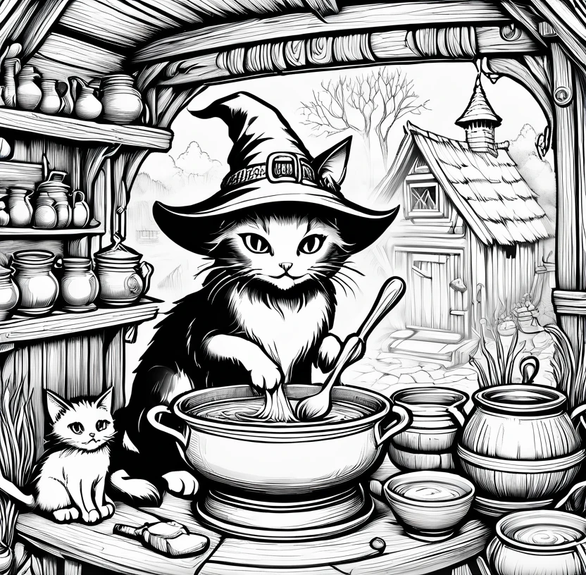 Witch cat makes soup in witch hut, Making medicines, Wizard casting a spell, Full page illustration, Macbeth illustration, Highly detailed ink illustrations、Coloring book illustration、Line art、Black and White、Monochrome、Outline Image