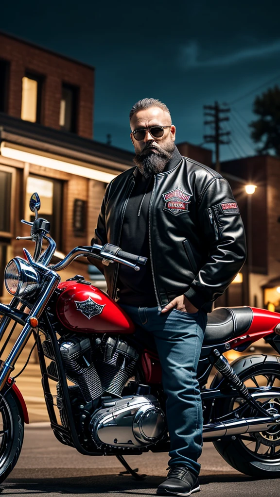 middle-aged man, middle-lenght dark hair, has beard, wearing a jacket of a motorcycle gang, holding a baseball bat, a chopper model motorcycle on the background, it is night time, ultra realistic, best quality