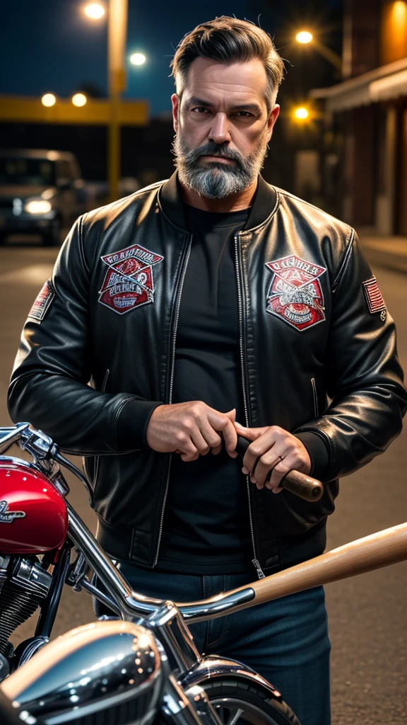 middle-aged man, middle-lenght dark hair, has beard, wearing a jacket of a motorcycle gang, holding a baseball bat, a chopper model motorcycle on the background, it is night time, ultra realistic, best quality