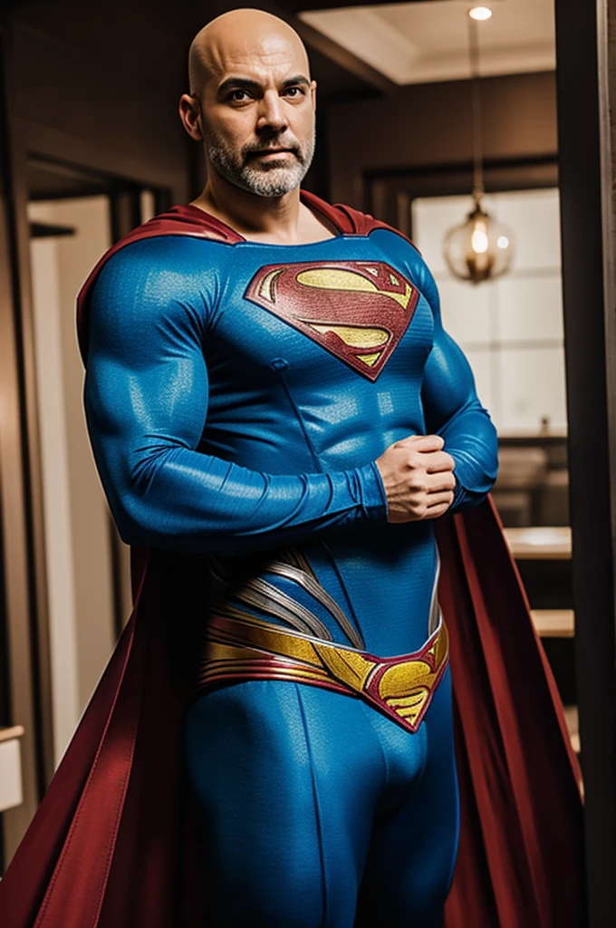 Bald man with blue beard wearing Superman costume