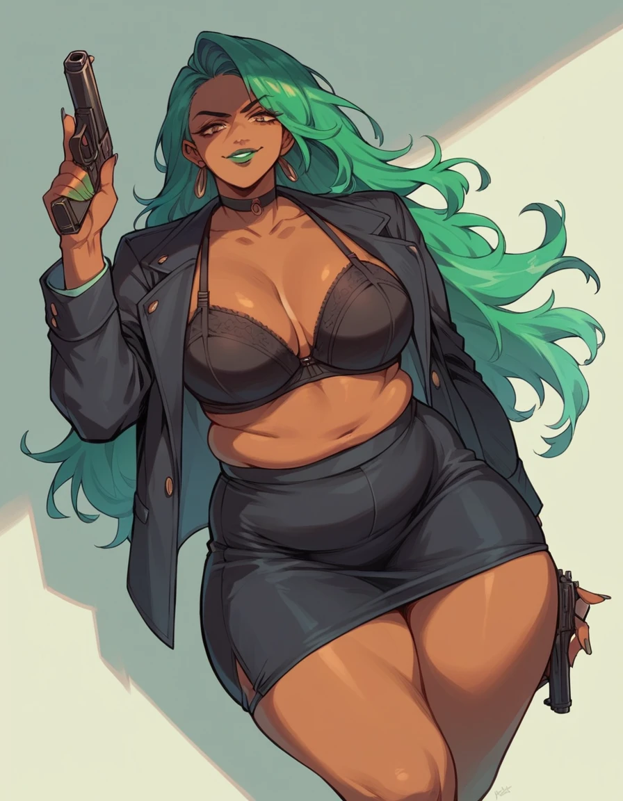 beautyfull woman, long green hair, long hair, african skin, green lipstick, black skirt, black bra, black chocker, black jacket, chubby, evil smile, holding a gun