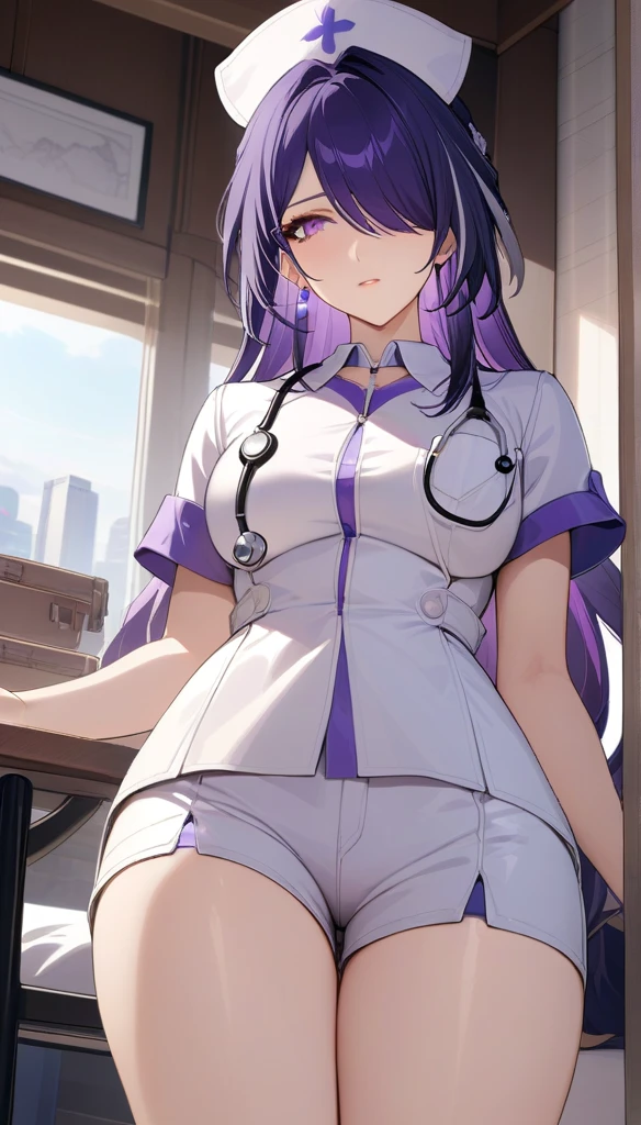 (masterpiece, top quality, best quality, official art, beautiful and aesthetic:1.2),(8k, best quality, masterpiece:1.2), (((masterpiece))),(((best quality))),(((extremely detailed))),illustration,who, (masterpiece, top quality, best quality, official art, beautiful and aesthetic:1.2),(8k, best quality, masterpiece:1.2), (Masterpiece, Best quality, best shadow), (detailed background), 1girl, One, girl, Honkai: star rail, Acheron, purple hair, long hair, shorts, one eye hidden behind hair, hair over one eye, purple eyes, nurse uniform smooth, nurse, nurse hat, stethoscope,