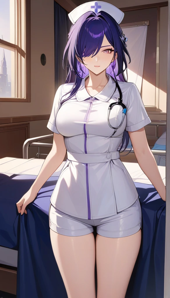 (masterpiece, top quality, best quality, official art, beautiful and aesthetic:1.2),(8k, best quality, masterpiece:1.2), (((masterpiece))),(((best quality))),(((extremely detailed))),illustration,who, (masterpiece, top quality, best quality, official art, beautiful and aesthetic:1.2),(8k, best quality, masterpiece:1.2), (Masterpiece, Best quality, best shadow), (detailed background), 1girl, One, girl, Honkai: star rail, Acheron, purple hair, long hair, shorts, one eye hidden behind hair, hair over one eye, purple eyes, nurse uniform smooth, nurse, nurse hat, stethoscope,
