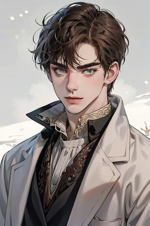 masterpiece, best quality, realistic, 1man, mature male, quiet and charming young man, 25 year old, a smirk, closed mouth, portrait, extremely detailed face, cold smile, ((dark grey eyes)), ((short-right-swept dark brown hair)), [thick eyebrows], ((suit)), handsome, distant shot, western, Jewish, light brown skin