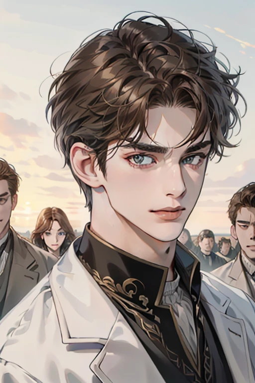 masterpiece, best quality, realistic, 1man, mature male, quiet and charming young man, 25 year old, a smirk, closed mouth, portrait, extremely detailed face, cold smile, ((dark grey eyes)), ((short-right-swept dark brown hair)), [thick eyebrows], ((suit)), handsome, distant shot, western, Jewish, light brown skin