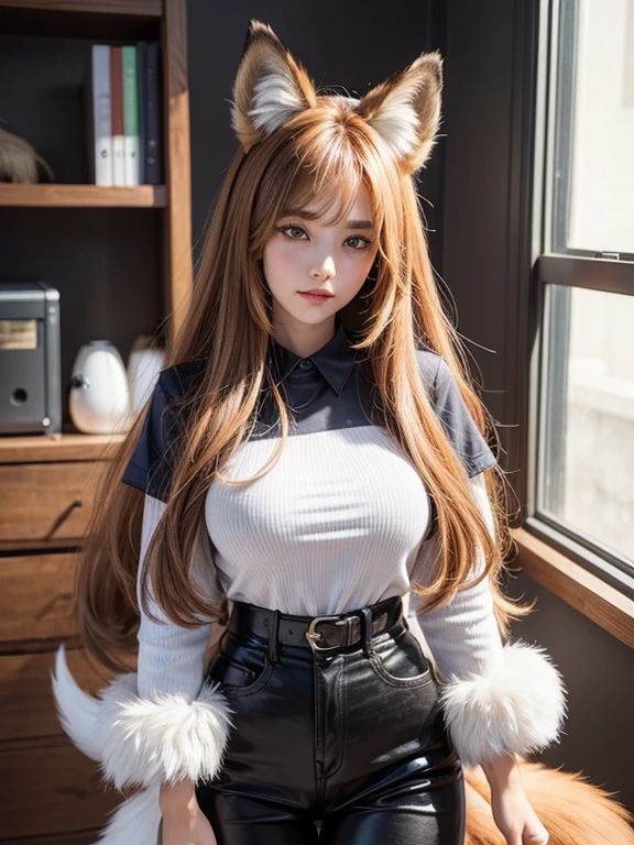 ((Highest quality)), ((masterpiece)), (Familiar), Perfect Face, fox lady, Pretty girl, Fox Ears, Fox tail, She has a northern fox tail, She wags her fluffy tail, She is a pretty office worker., Beautiful hip line, Thick thighs, One big tail, The tail is sticking out, Nice body, Shyly staring at his tail, Only one tail, a shy face