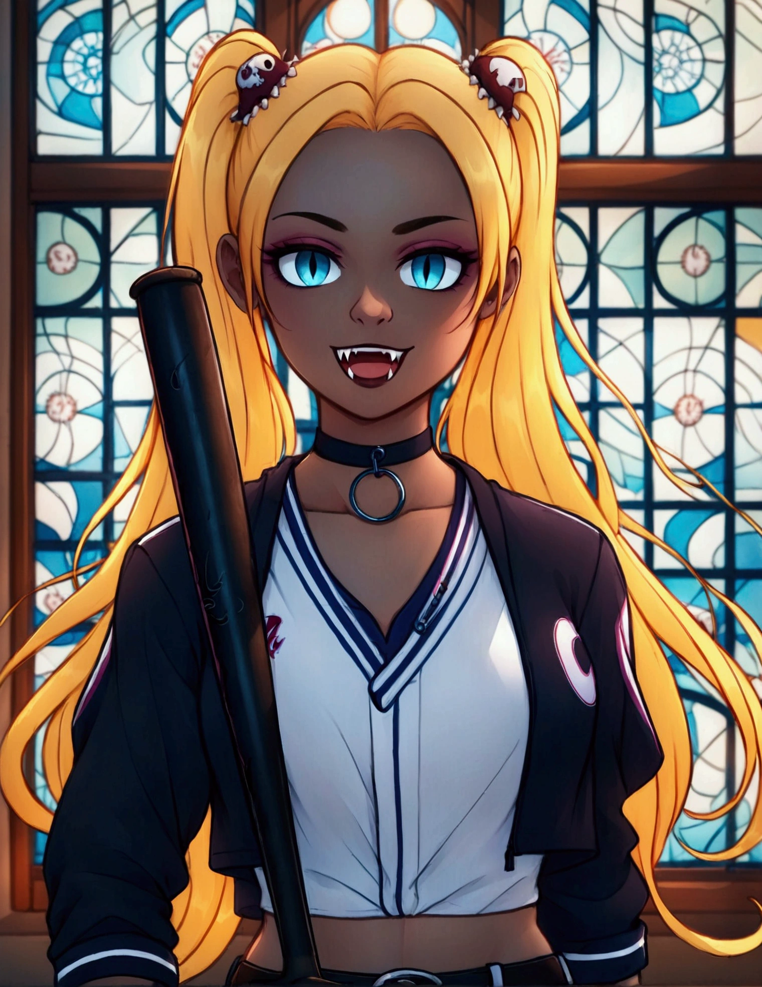 score_9, score_8_up, score_7_up, (solo close-up of gentle vampire lady with baseball bat looking out of stained glass ornate window:1.4) in (dynamic pose:1.0), (slightly open mouth with fangs:1.1), (crop striped baseball jersey, fashionable leather jacket:1.3), blonde twintails, pants with belt, tanned skin, (round face), (otherworldly moon), (Gothic architecture with intricate design:1.2), bright colors, rating_safe.