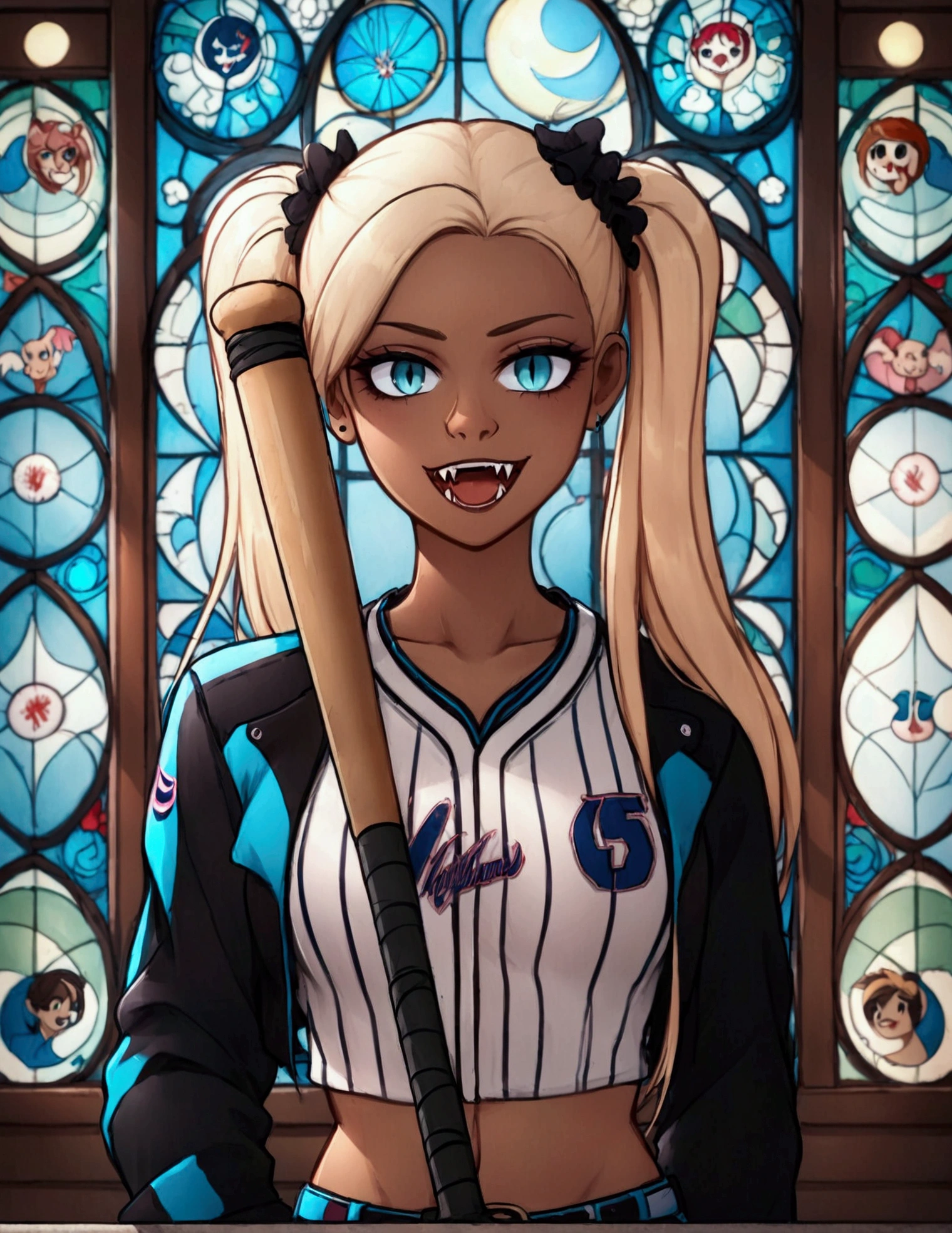 score_9, score_8_up, score_7_up, (solo close-up of gentle vampire lady with baseball bat looking out of stained glass ornate window:1.4) in (dynamic pose:1.0), (slightly open mouth with fangs:1.1), (crop striped baseball jersey, fashionable leather jacket:1.3), blonde twintails, pants with belt, tanned skin, (round face), (otherworldly moon), (Gothic architecture with intricate design:1.2), bright colors, rating_safe.