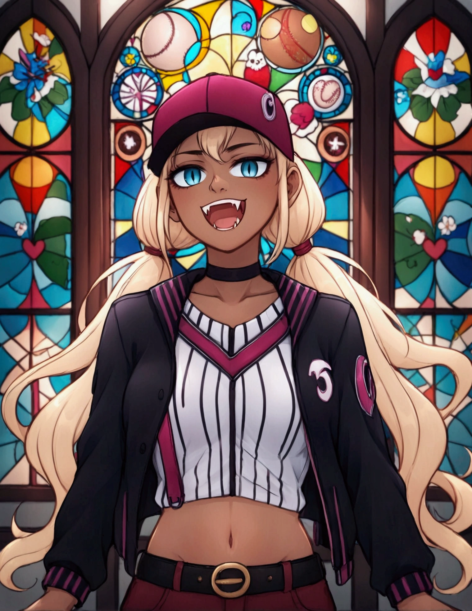 score_9, score_8_up, score_7_up, (solo close-up of gentle vampire lady with baseball bat looking out of stained glass ornate window:1.4) in (dynamic pose:1.0), (slightly open mouth with fangs:1.1), (crop striped baseball jersey, fashionable leather jacket:1.3), blonde twintails, pants with belt, tanned skin, (round face), (otherworldly moon), (Gothic architecture with intricate design:1.2), bright colors, rating_safe.