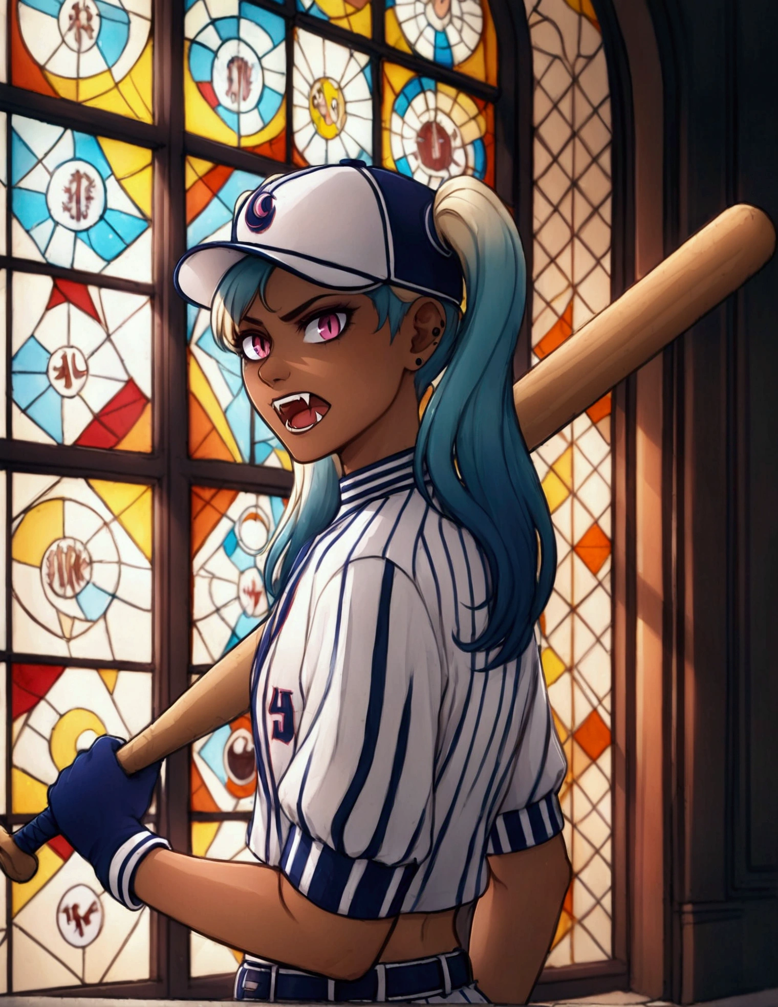 score_9, score_8_up, score_7_up, (solo close-up of gentle vampire lady with baseball bat looking out of stained glass ornate window:1.4) in (dynamic pose:1.0), (slightly open mouth with fangs:1.1), (crop striped baseball jersey, fashionable leather jacket:1.3), blonde twintails, pants with belt, tanned skin, (round face), (otherworldly moon), (Gothic architecture with intricate design:1.2), bright colors, rating_safe.