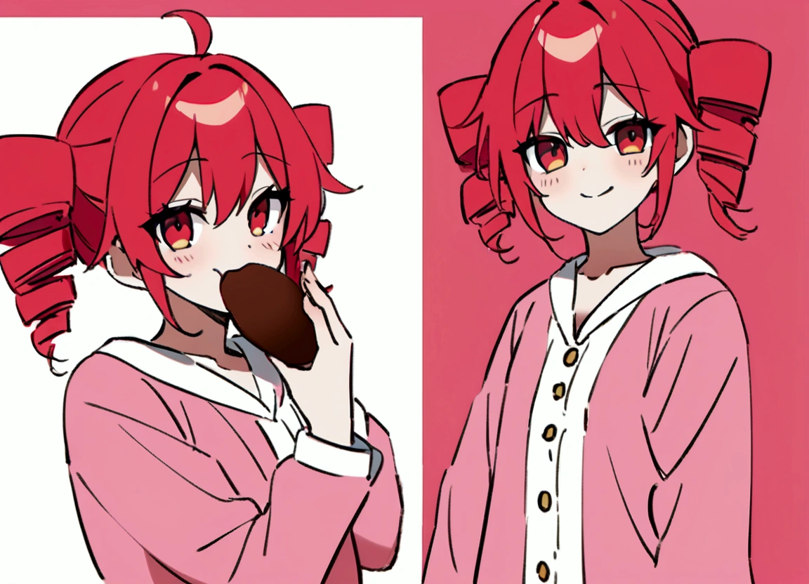 Red hair, smiles, wears loungewear, eats chocolate,