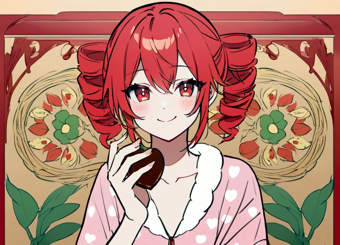 Red hair, smiles, wears loungewear, eats chocolate,