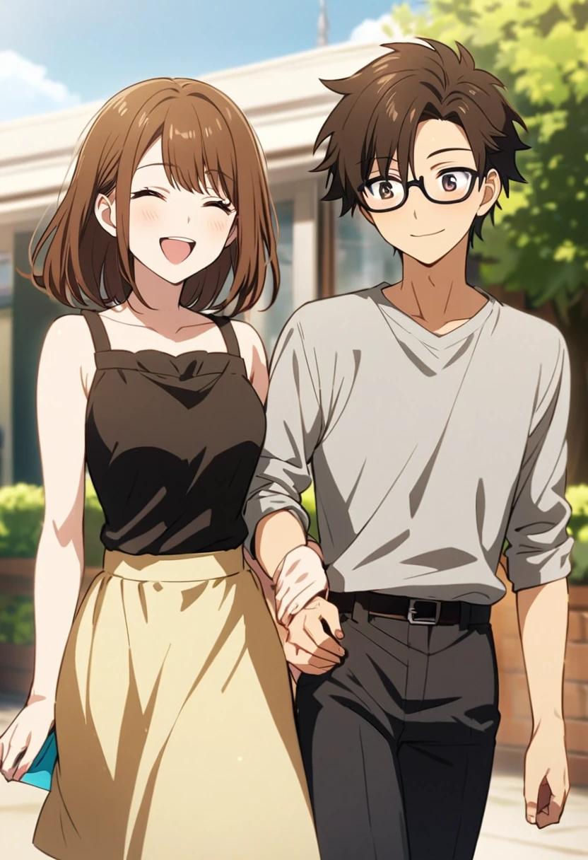 anime, two people, one beautiful female with long brown hair and no glasses, the other person is a male with short dark brown hair and black rimmed glasses, they are boyfriend and girlfriend, both smiling 