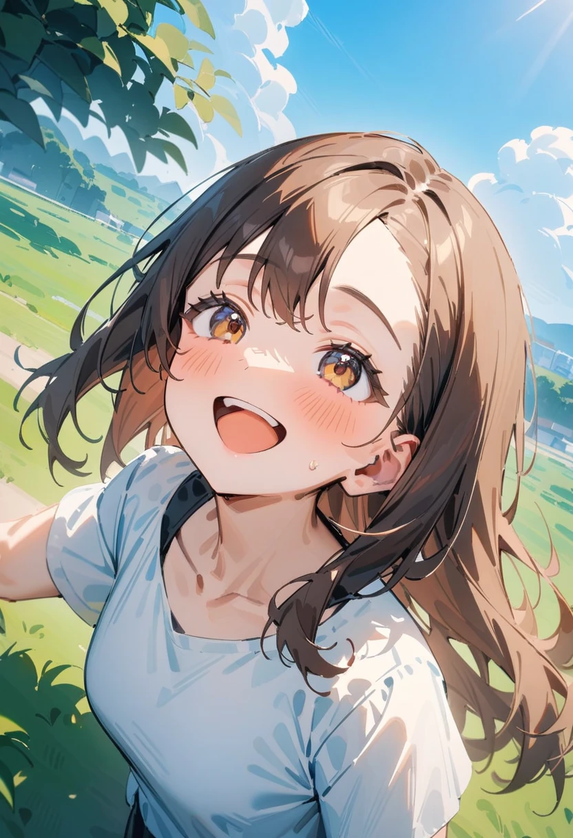 masterpiece, best quality, very aesthetic, absurdres, newest, 1girl, solo, asymmetrical bangs, tareme, long hair, brown hair, shirt, smile, upper body, short sleeves, outdoors, open mouth, sky, day, cloud, blue sky, from above, sunlight, looking up,