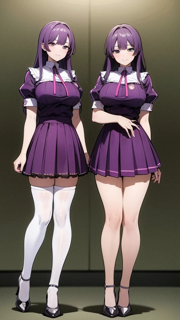 a masterpiece of two identical twin girls with heather-purple colored hair, huge fuzzy hairstyle, cover-bangs, hazel eyes, and matching school uniforms with sexy lace accents, ribbons, and rainbow short skirts, wearing white thigh-high socks and black high heels, posing together with a seductive smile, flat color background, full body, ultra-detailed, (best quality,4k,8k,highres,masterpiece:1.2),ultra-detailed