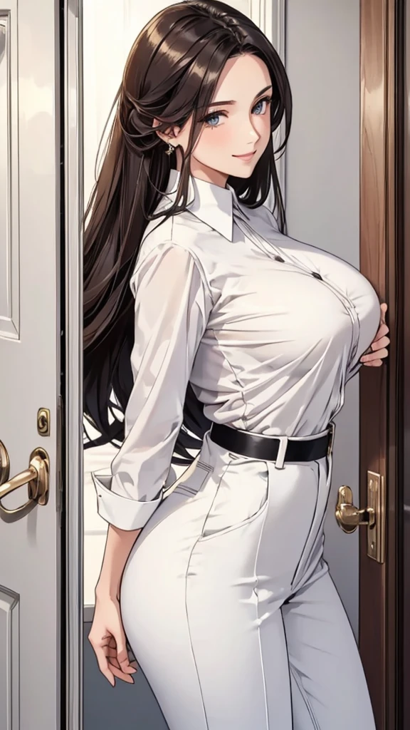 (masterpiece, best quality:1.2), Detailed face, delicate eyes, Elegant woman, long hair, High heel,shiny skin,Shy smile,Welcome at the door, white door, shirt, trousers，Huge breasts，Upper body close-up