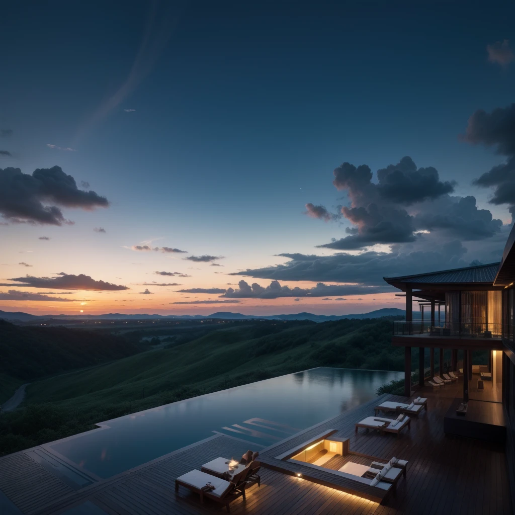 Zaha Hadid style hotel tower with wood and metal texture, hotel with infinity pool, rural landscape at dusk in high quality, 8k UHD