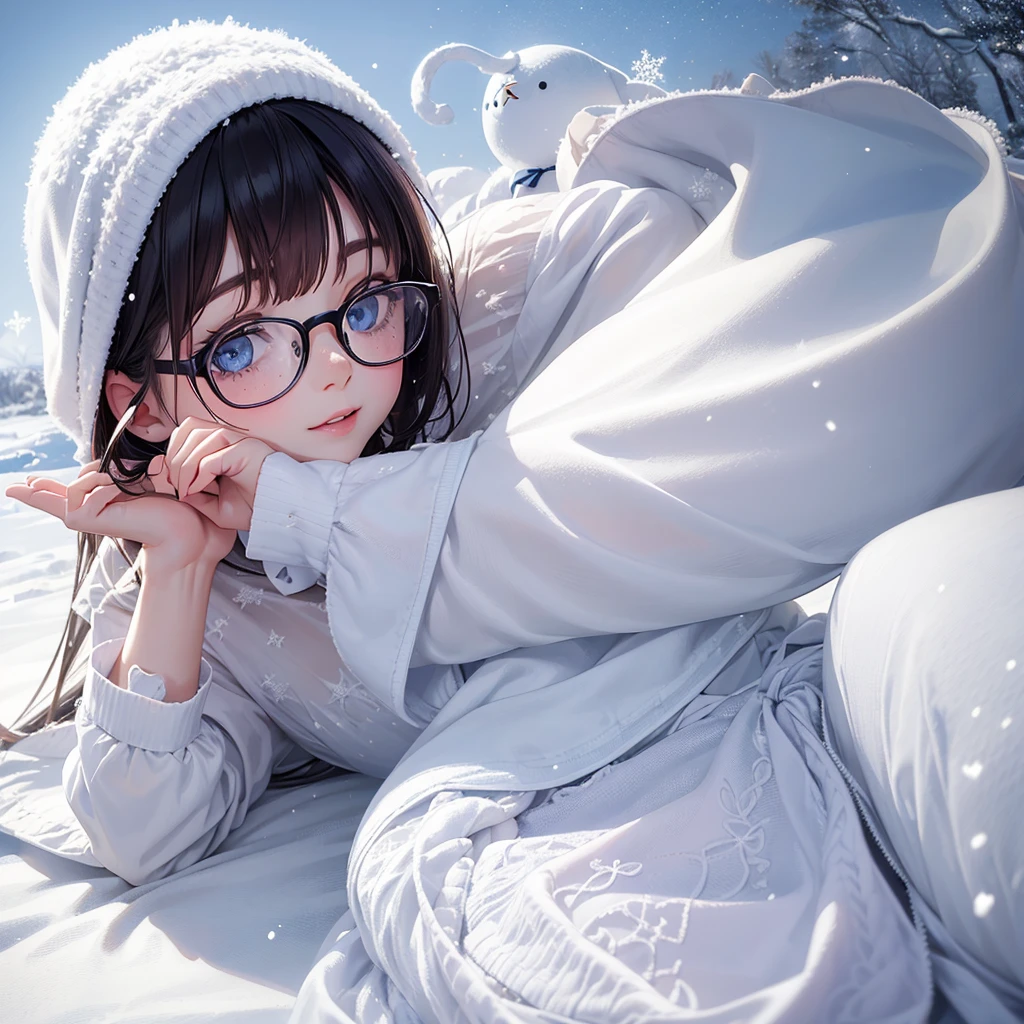 Cute glasse girl one girl wight hair Freckles cheeks pure skin angel dress snow background snow falls blue eyes cute eye browse face view