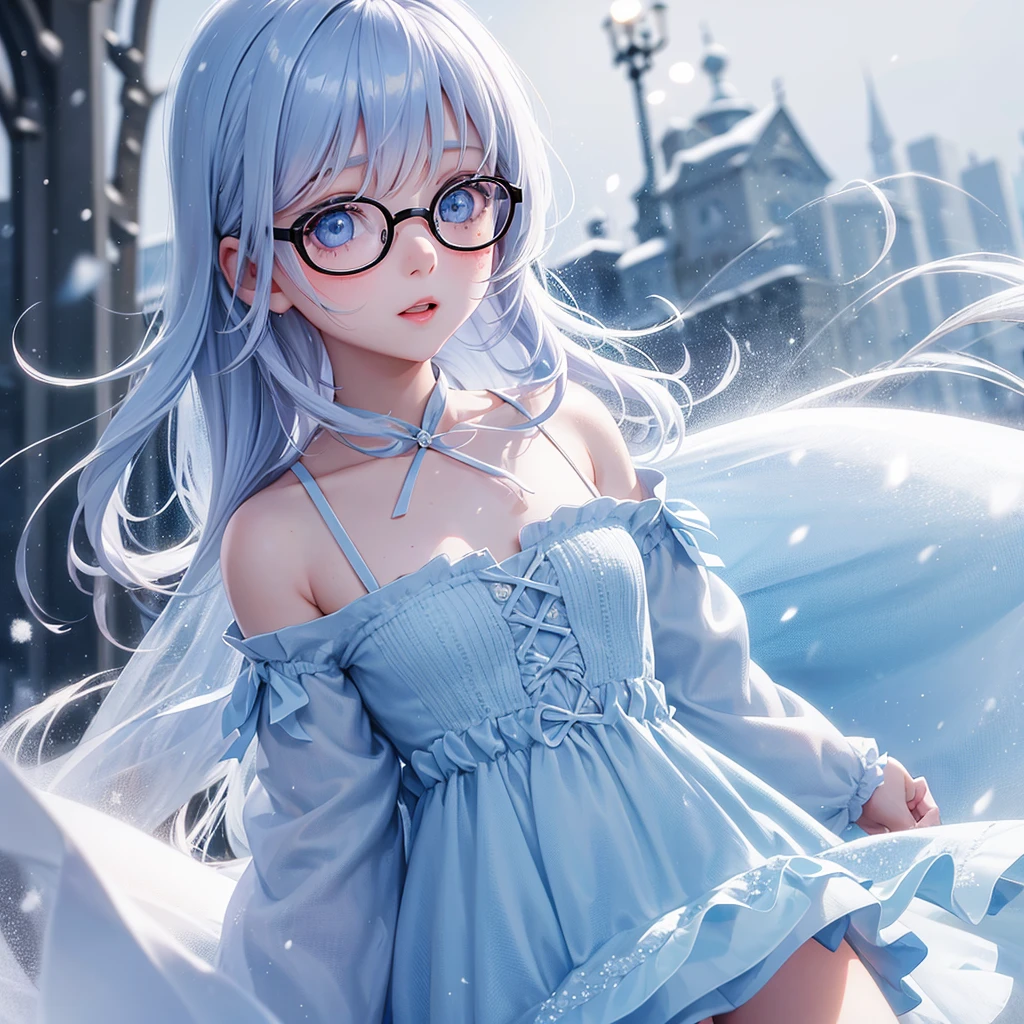 Cute glasse girl one girl wight hair Freckles cheeks pure skin angel dress snow background snow falls blue eyes cute eye browse face view 