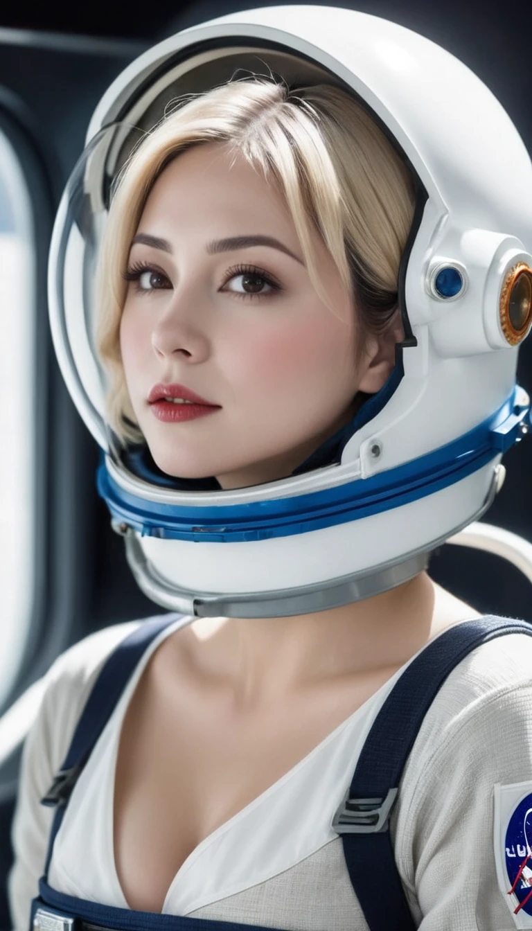 (((surreal woman)))、((Very beautiful 30 year old white woman))、(((Big big cleavage)))、(((woman astronaut)))、(((Big big cleavage)))、
short hair、blonde mature、Chubby body type、Beautiful expression、Beautiful brown eyes、Stay on a huge space station、Red lips、(((Please wear a space suit)))、(((alone)))、
