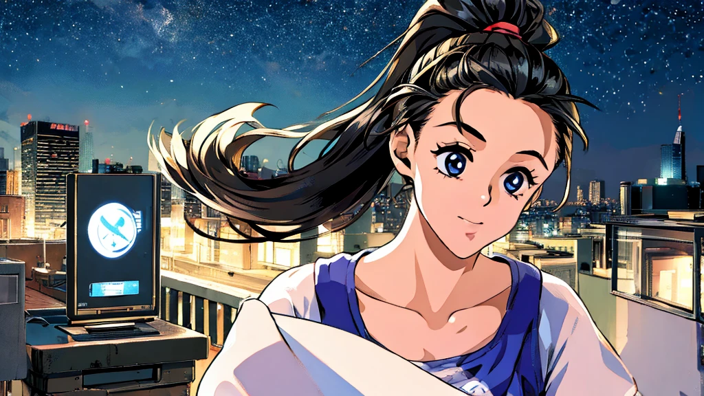 ((masterpiece)),(((Highest quality))),((Super detailed)) Realistically, 1 Girl, beautiful, Wearing headphones, One person　 night景を見てる, city, Starry Sky, building, night.　Black hair ponytail　The wind is blowing　sexy