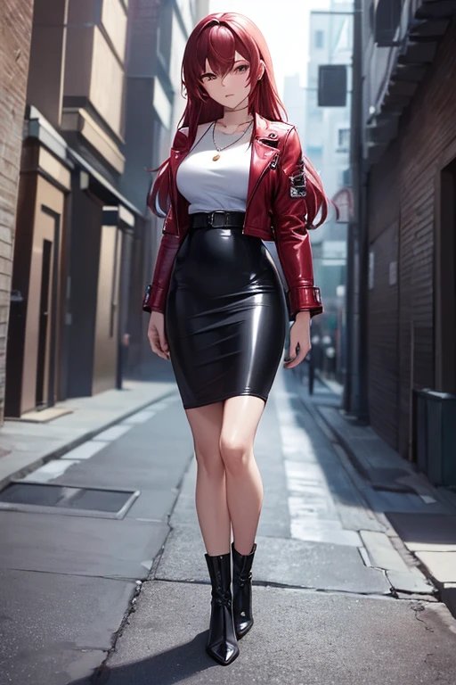 ((masterpiece, best quality, ultra-detailed)), beautiful woman looking at viewer, red leather jacket, black midi pencil skirt, long pencil skirt, leather boots, wearing headphones, necklace, full body, purple hair, city street, alleyway, night sky, blue lights, walking alone in the city