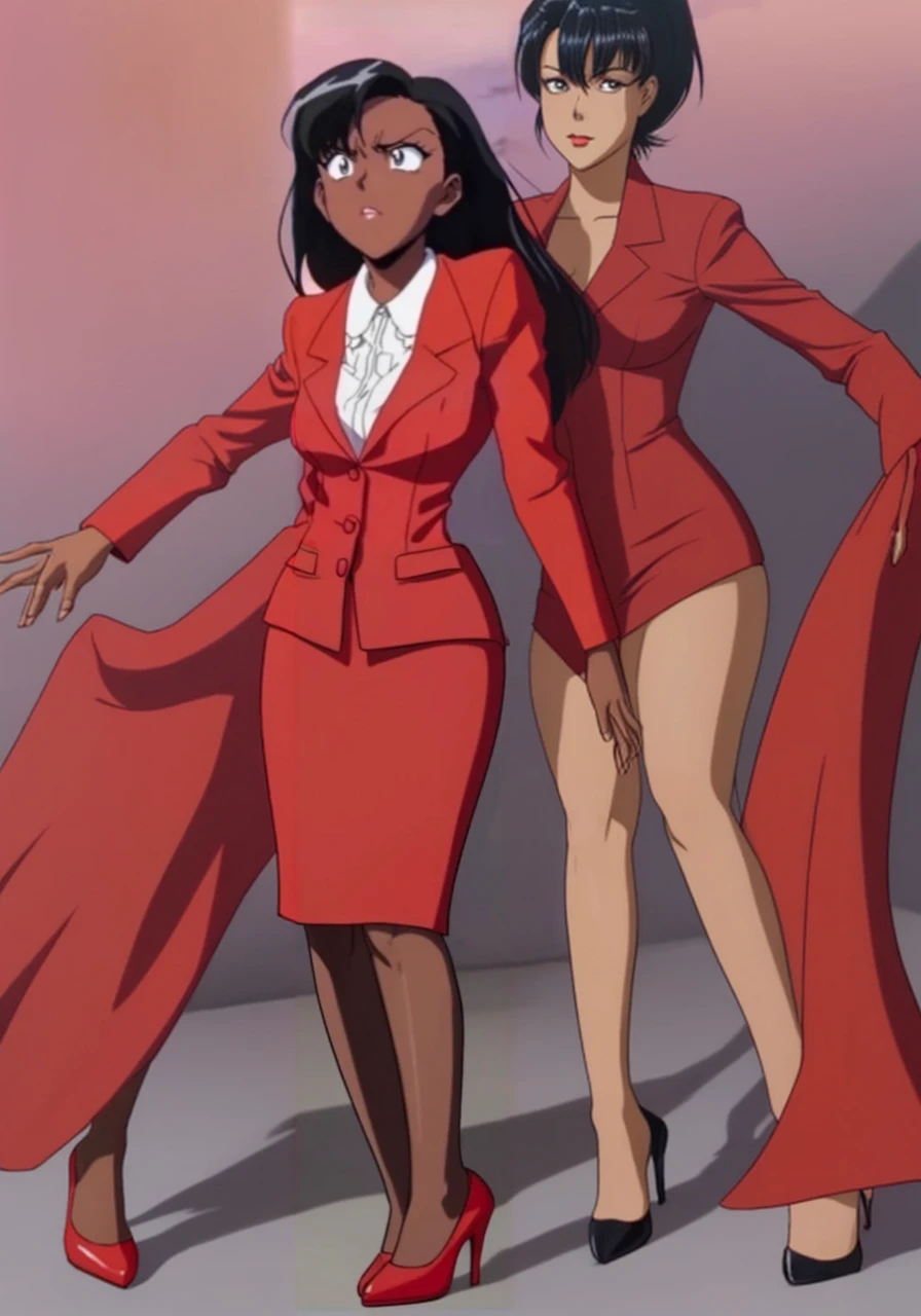 90s anime Evil black skinned business woman in a red suit and long red skirt and red heels and long red sleeves 