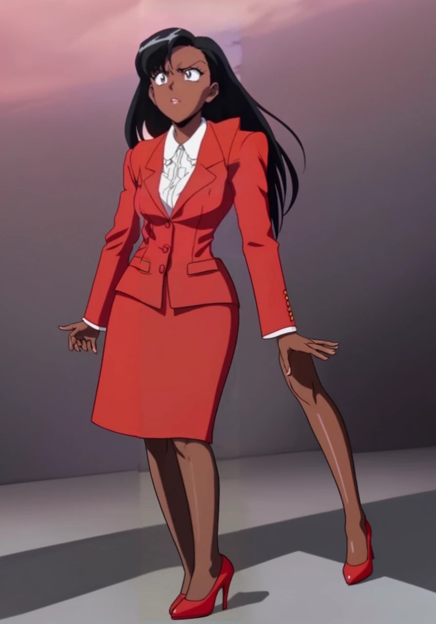 90s anime Evil black skinned business woman in a red suit and long red skirt and red heels and long red sleeves 