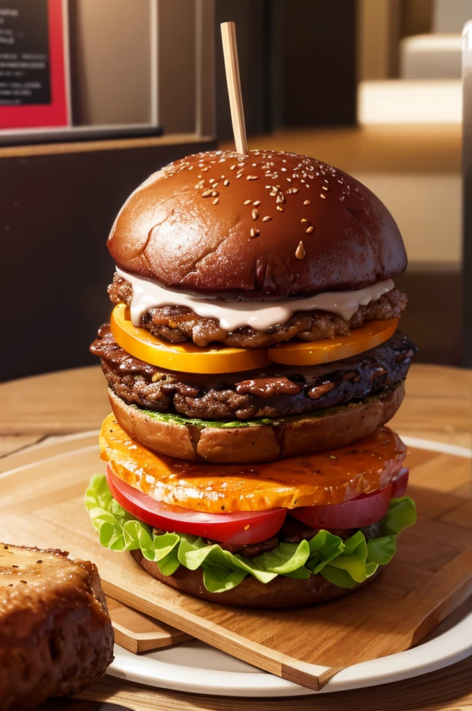 Juicy, crumbling burger, delicious, hot, promotional photo, Intricate details, High resolution, Cinematic, Adobe Lightroom, Very detailed