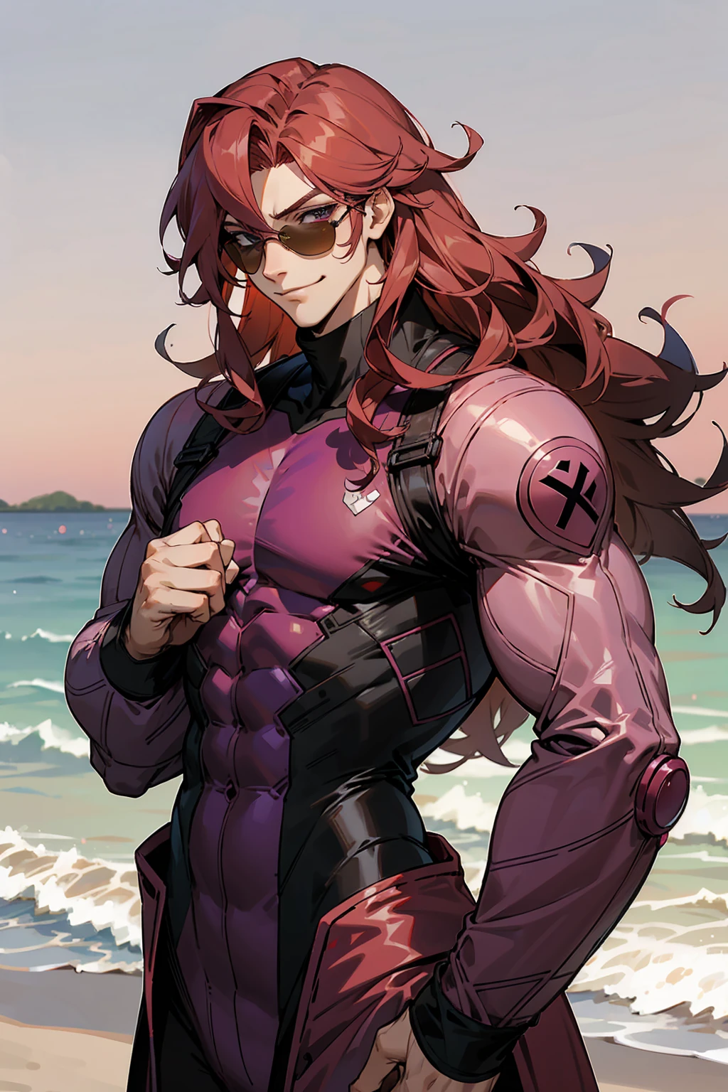 1male, Young Adult, Dark Red Hair, Light Pink Hair, ,Muscular, Curly Hair, Long Hair, Two Toned Hair, Sunglasses, Magenta Colored Eyes, Smirk, Standing On Beach, Red Skin Suit, Purple Coat
