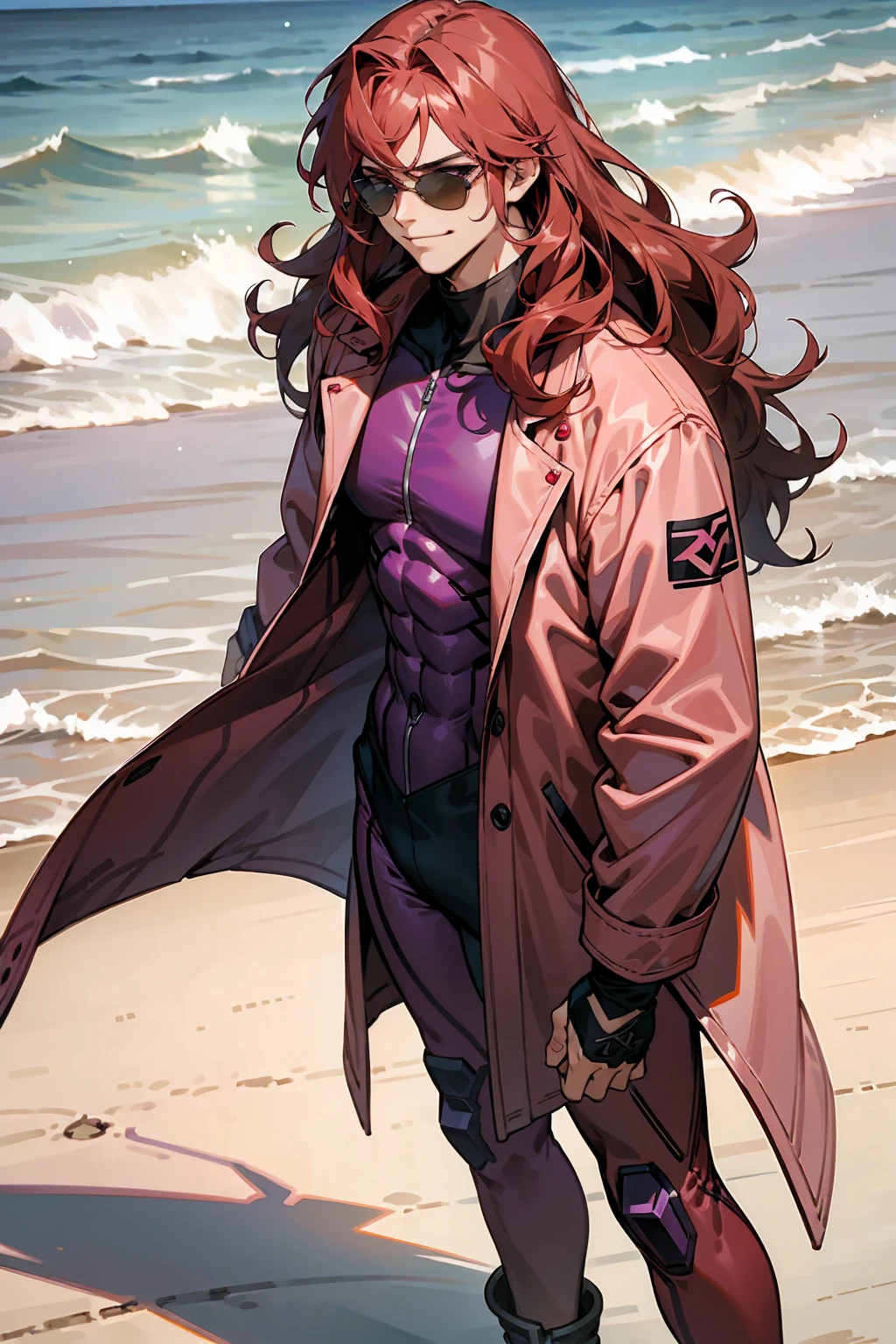 1male, Young Adult, Dark Red Hair, Light Pink Hair, ,Muscular, Curly Hair, Long Hair, Two Toned Hair, Sunglasses, Magenta Colored Eyes, Smirk, Standing On Beach, Red Skin Suit, Purple Coat