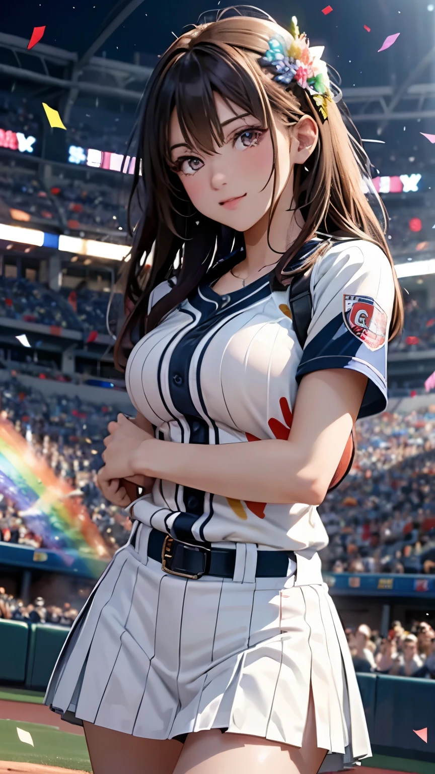 Highest quality, Highest quality, 16K, Unbelievably absurd, Very detailed, delicate and dynamic, Natural light, The particles reflect the rainbow colors, Diffuse reflection of light, Vortex of Light, Lots of rainbow-colored confetti falling, beautiful baseball field, night, illumination, Create amazing image effects, Upper body close-up, (sole sexy girl, Firm bust, Idol singer, First pitch, pitcher, pitching, Baseball uniform,)