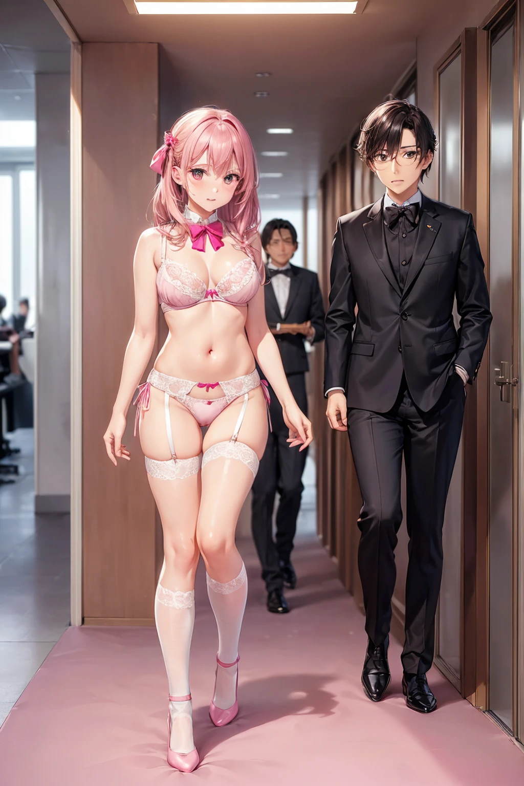 ((一人のWoman in underwearはセクシーに歩いている:1.5)), Beautiful Anime Women, Beautiful art style, Anime characters, ((Smooth texture, Realistic texture, Anime CG Style)), ((Highest quality)), (Very detailed), (Very detailed CG 統合 8k 壁紙), Very detailed, High-resolution RAW color photos, Professional photography, (Brown Hair, Stylish hairstyle:1.1), Great face and eyes, Beautiful and big breasts, Slender body, (Stunningly beautiful woman), (Detailed face:1.2), (Office corridor, There is a window in the hallway:1.4), (Many men in suits are walking in the background:1.5), ((Bow tie around neck:1.3), (Black high heels:1.1), (Sexy and cute pink underwear:1.3), (Stylish shiny pink satin panties, Side-tie panties, Panties with plain pink center and lace decoration on the sides:1.3), (Thin panties:1.3), (Pink micro lace satin bra, Pink bra with lace trim, Thin bra:1.3), (lace garter belt, Garter Strings, Knee socks:1.3):1.3), (naked, Woman in underwear, 女性はブラとパンティとKnee socksとガーターベルトだけを着用:1.5), Exact number of arms, Exact number of legs, Perfect Anatomy, (Embarrassed expression, Surprised expression), Angle from the front, Exact finger count、Exact number of legs、(Exact number of arms:1.0, Exact number of hands:1.0), (Perfect hands, Perfect Anatomy)