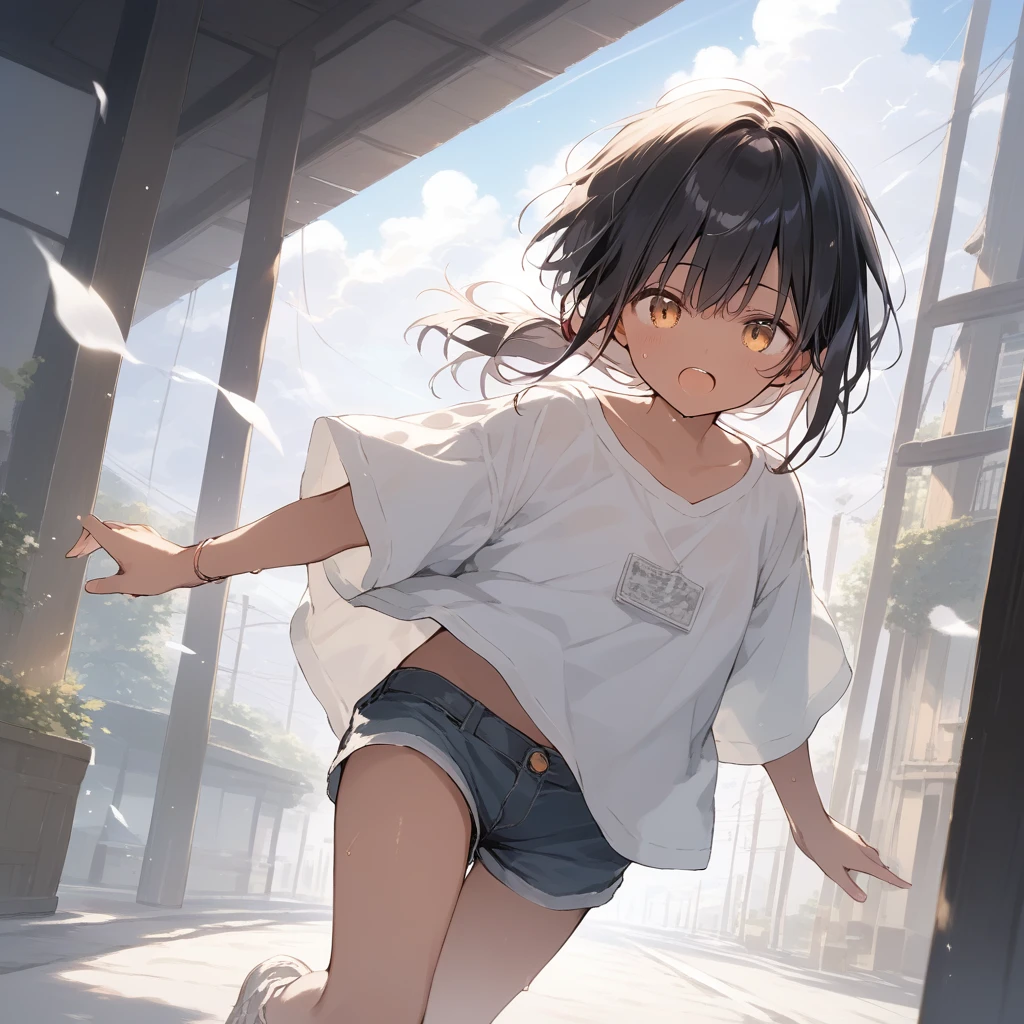 score_9, score_8_up, score_7_up, source_anime, best quality, masterpiece, official art, absurdres, highres, ultra-detailed,waifu2x,Collection: Slice of Life,break,1girl, tomboy, dark-skinned female, short hair, low ponytail, flat chest, beautiful detailed eyes, short shorts, sweat, open mouth, (yawn:0.3), sleepily, outdoors, wind,break,(clear line illustration:1.2), super detailed skin,very high resolution, very aesthetic, Best sexual lighting powered by famous artist, 8k,cute picture,beauty illustration,photoshop_(medium),,(Detailed Lighting),best anime 8k konachan wallpaper, pixiv contest winner,