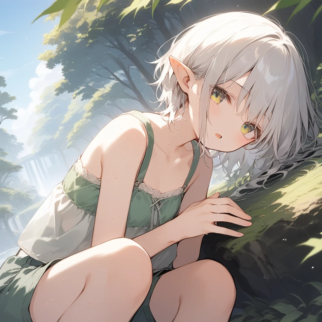 score_9, score_8_up, score_7_up, source_anime, best quality, masterpiece, official art, absurdres, highres, ultra-detailed,waifu2x,Collection: Slice of Life,break,1girl, elf, short hair, slender, androgynous,expressionless, small breasts, beautiful detailed eyes, green shorts, sweat, open mouth, sleepily, outdoors, forest, spring,break,(clear line illustration:1.2), super detailed skin,very high resolution, very aesthetic, Best sexual lighting powered by famous artist, 8k,cute picture,beauty illustration,photoshop_(medium),,(Detailed Lighting),best anime 8k konachan wallpaper, pixiv contest winner, 