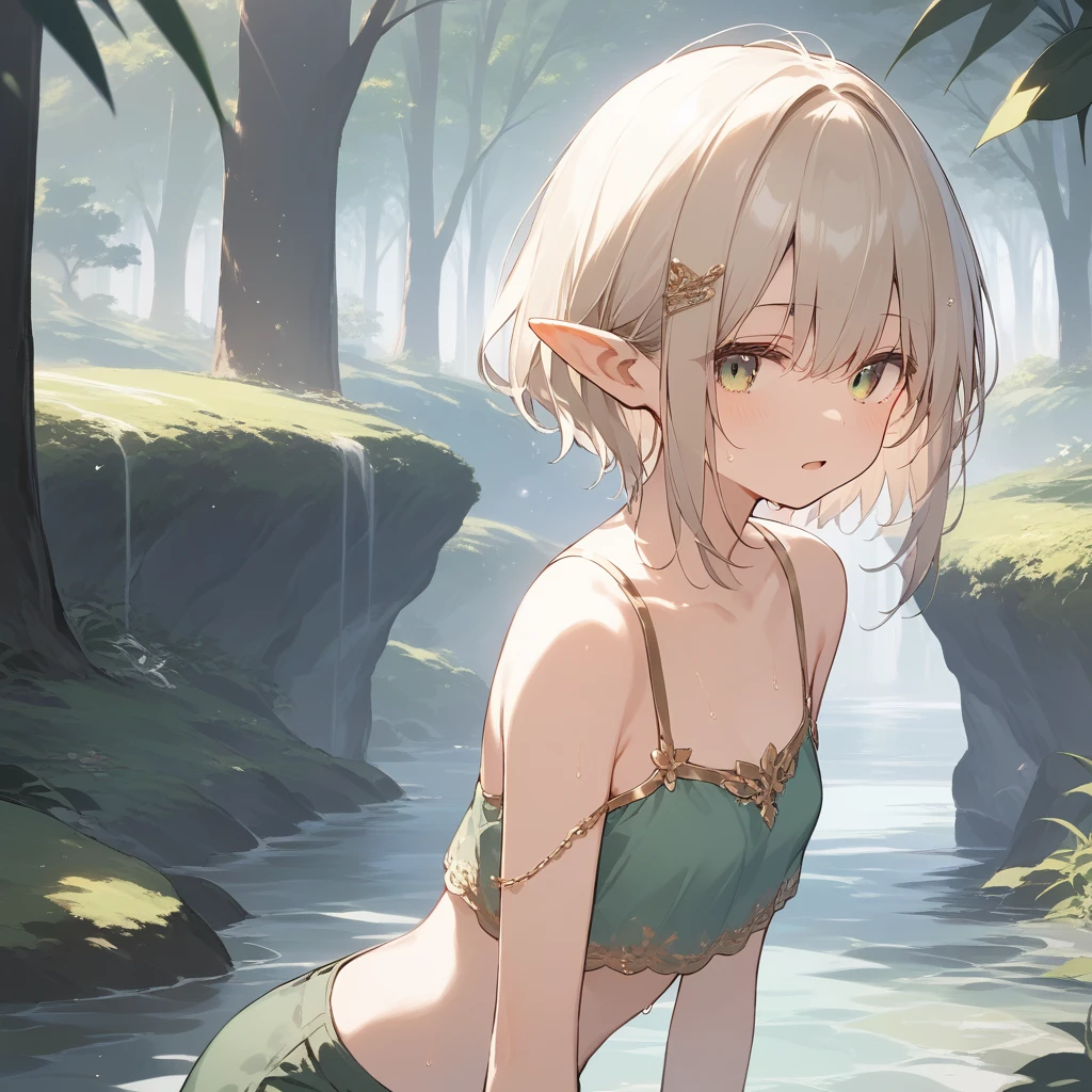 score_9, score_8_up, score_7_up, source_anime, best quality, masterpiece, official art, absurdres, highres, ultra-detailed,waifu2x,Collection: Slice of Life,break,1girl, elf, short hair, slender, androgynous,expressionless, small breasts, beautiful detailed eyes, green shorts, sweat, open mouth, sleepily, outdoors, forest, spring,break,(clear line illustration:1.2), super detailed skin,very high resolution, very aesthetic, Best sexual lighting powered by famous artist, 8k,cute picture,beauty illustration,photoshop_(medium),,(Detailed Lighting),best anime 8k konachan wallpaper, pixiv contest winner, 